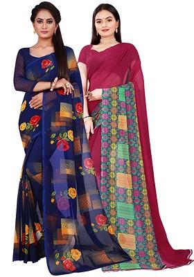 Maroon Printed Georgette Saree Set (Set Of 2)