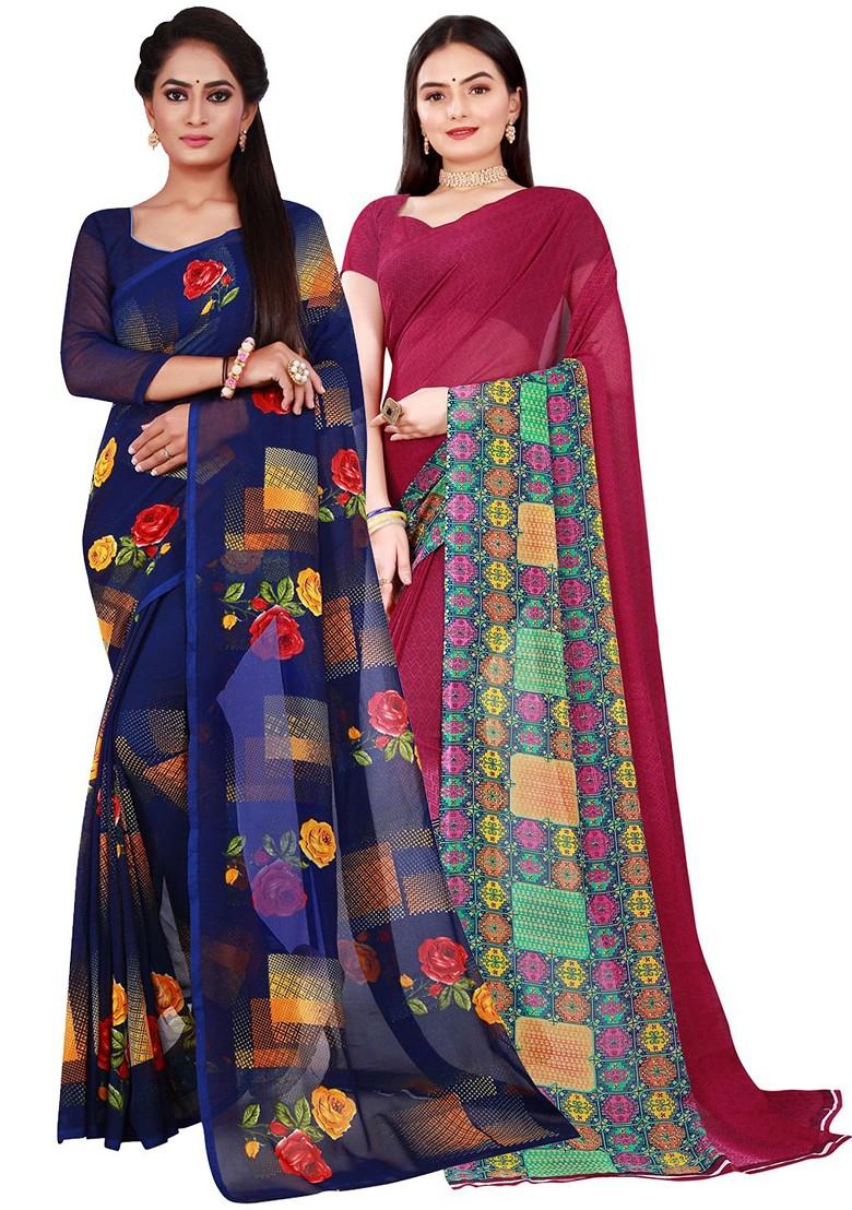 Maroon Printed Georgette Saree Set (Set Of 2)