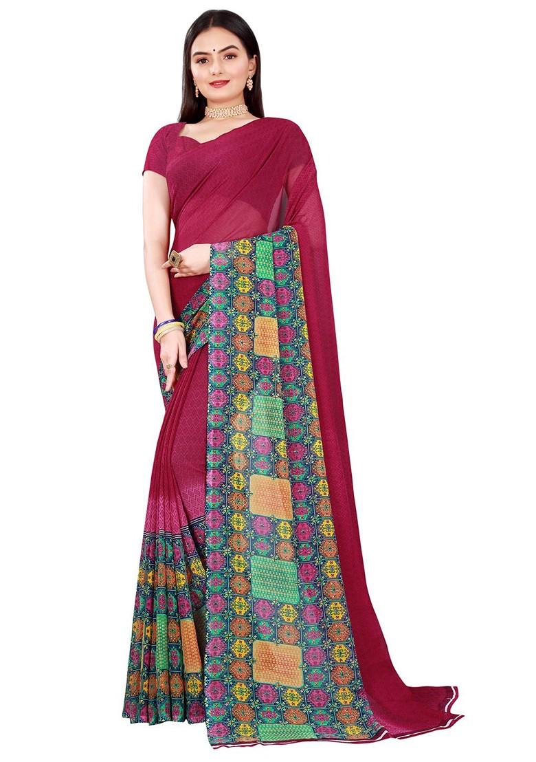 Maroon Printed Georgette Saree Set (Set Of 2)