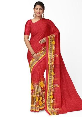 Red Digital Print Georgette Saree Set