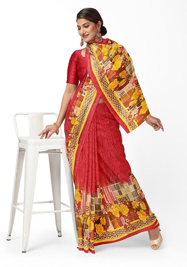 Red Digital Print Georgette Saree Set