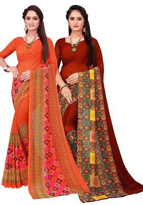 Orange Floral Georgette Saree Set (Set Of 2)