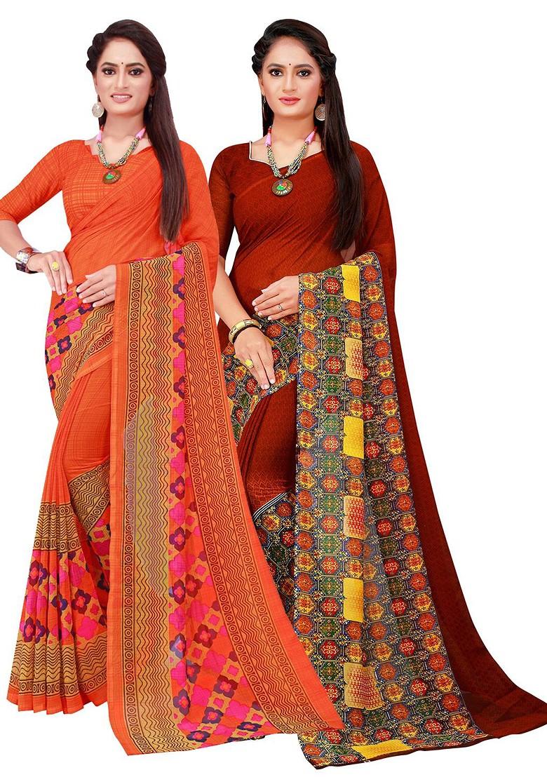 Orange Floral Georgette Saree Set (Set Of 2)
