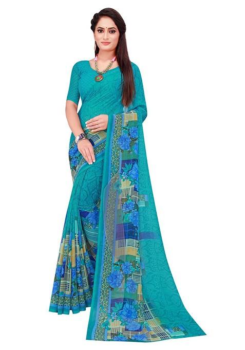 Blue Printed Georgette Saree Set