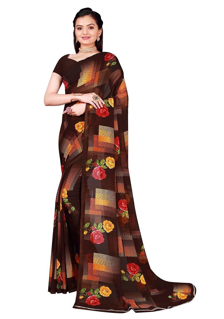 Brown Floral Georgette Saree Set (Set Of 2)