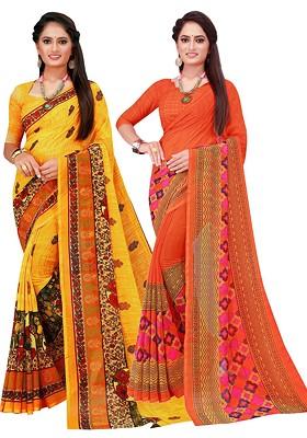 Orange Printed Georgette Saree Set (Set Of 2)