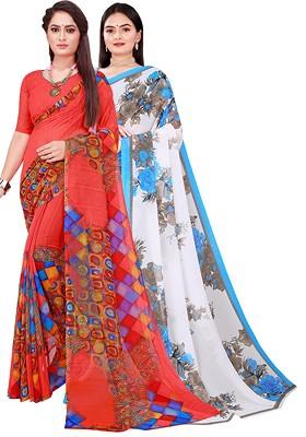 White Floral Georgette Saree Set (Set Of 2)