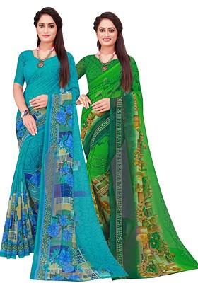 Turquoise Blue Printed Georgette Saree Set