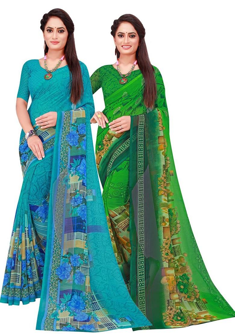 Turquoise Blue Printed Georgette Saree Set