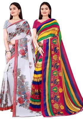 White Embroidered Georgette Saree Set (Set Of 2)