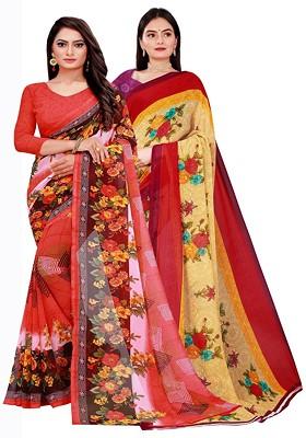 Peach Embroidered Georgette Saree Set (Set Of 2)