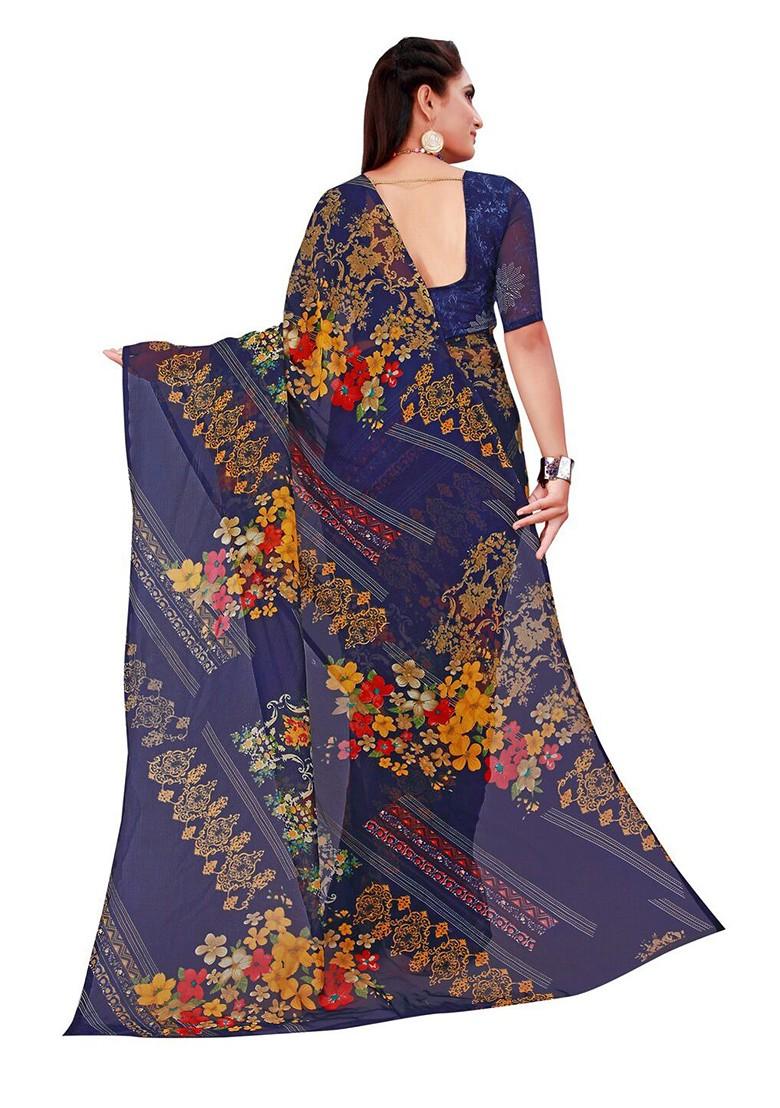 Navy Blue Floral Georgette Saree Set