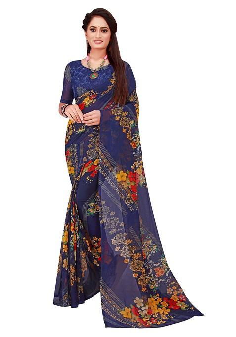 Navy Blue Floral Georgette Saree Set