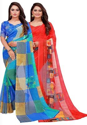 Red Printed Georgette Saree Set