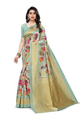 Green Floral Art Silk Saree Set