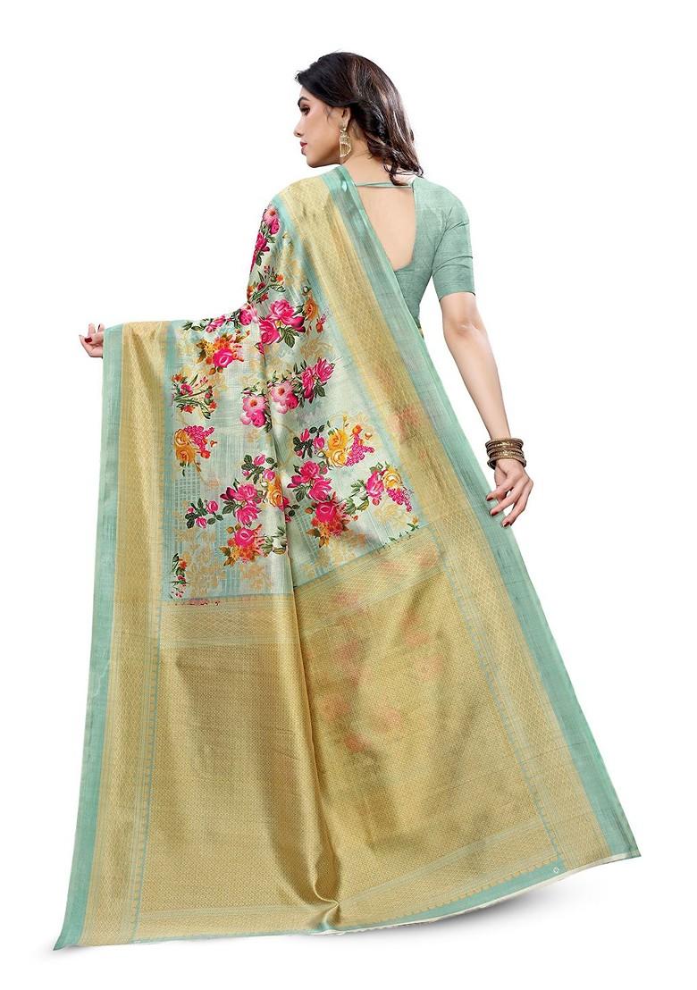 Green Floral Art Silk Saree Set