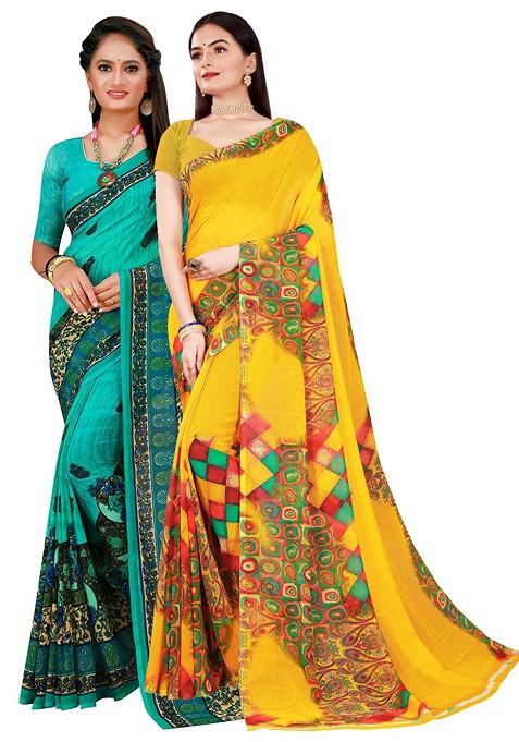 Yellow Embroidered Georgette Saree Set