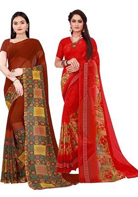 Brown Floral Georgette Saree Set (Set Of 2)