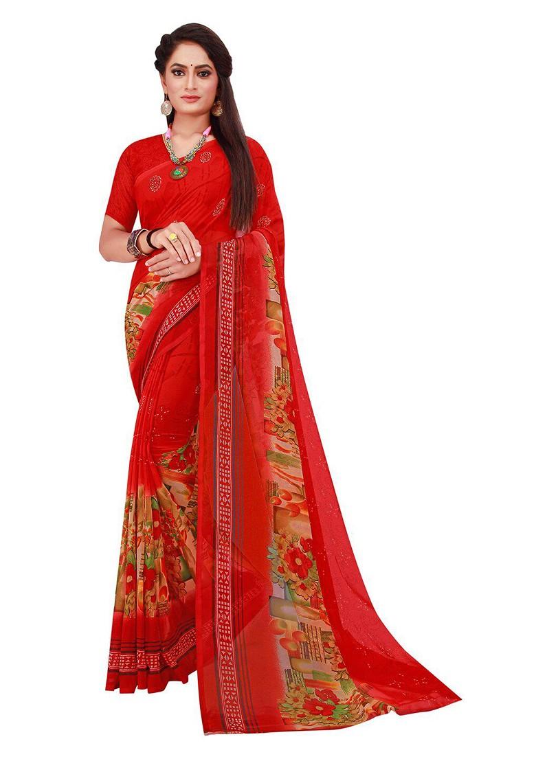 Brown Floral Georgette Saree Set (Set Of 2)