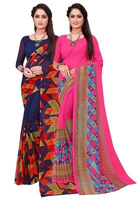 Navy Blue Embroidered Georgette Saree Set (Set Of 2)