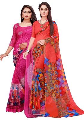 Red Printed Georgette Saree Set