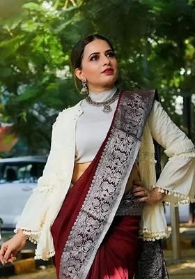 Maroon woven Silk Saree Set