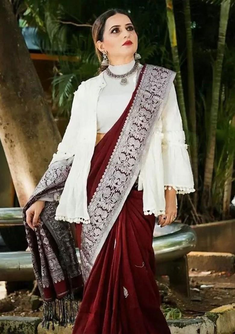 Maroon woven Silk Saree Set