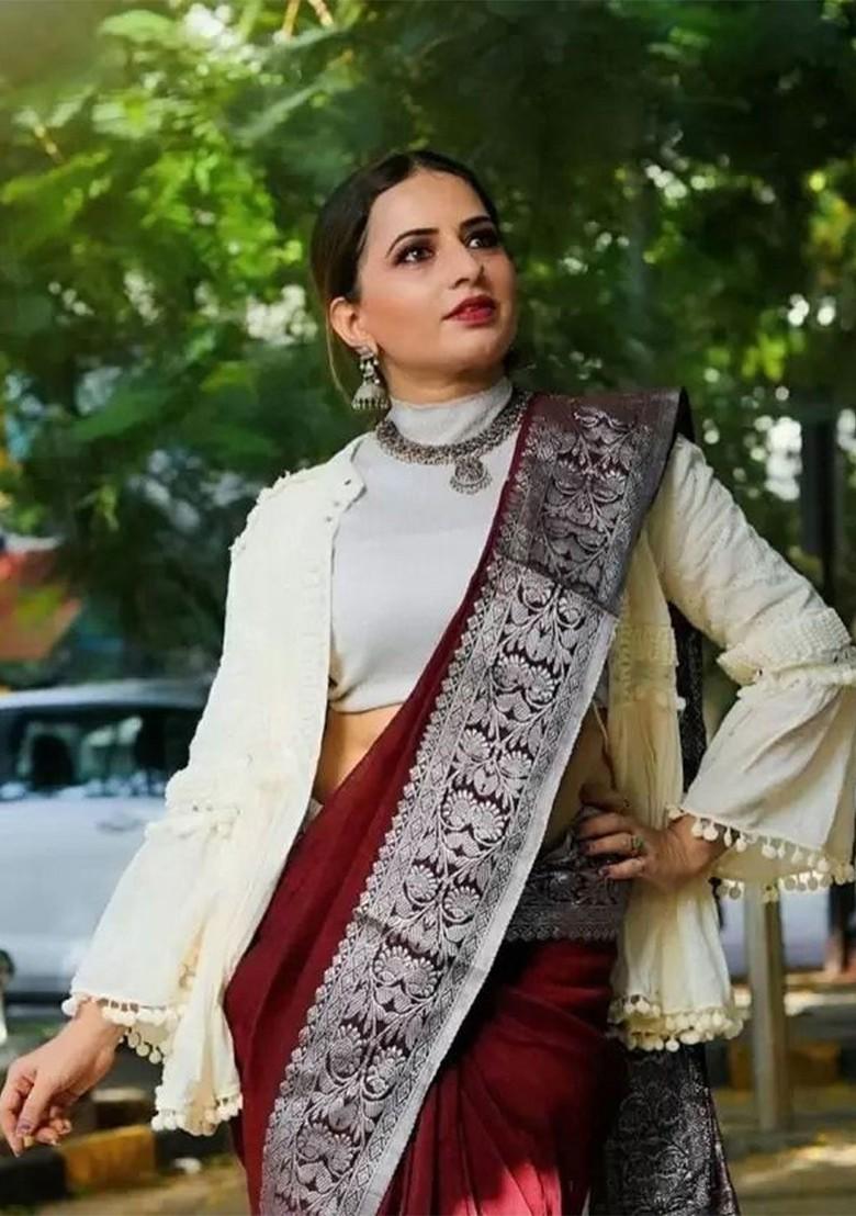 Maroon woven Silk Saree Set