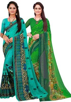 Turquoise Blue Embroidered Poly Blend Saree Set