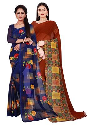 Brown Floral Georgette Saree Set (Set Of 2)