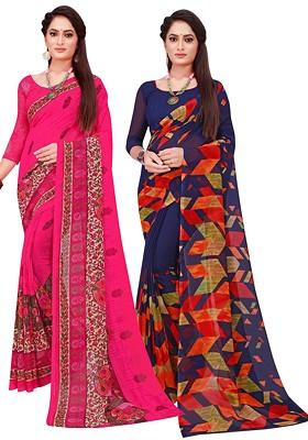 Navy Blue Floral Georgette Saree Set (Set Of 2)