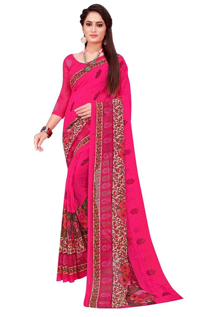 Navy Blue Floral Georgette Saree Set (Set Of 2)