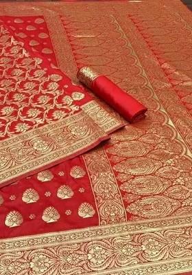 Red woven Silk Saree Set