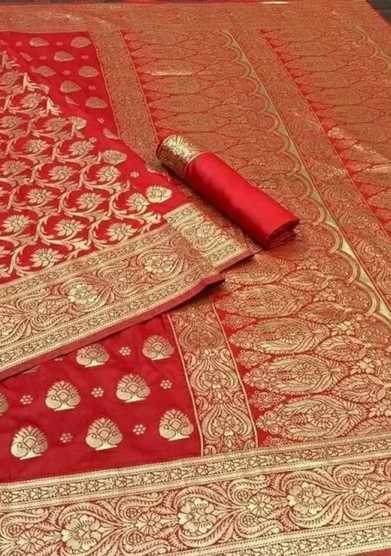 Red woven Silk Saree Set