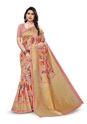 Peach Floral Art Silk Saree Set