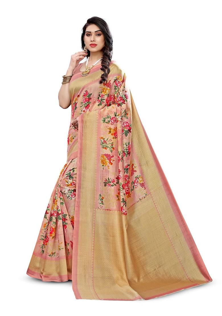 Peach Floral Art Silk Saree Set