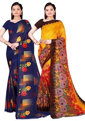 Navy Blue Printed Georgette Saree Set (Set Of 2)