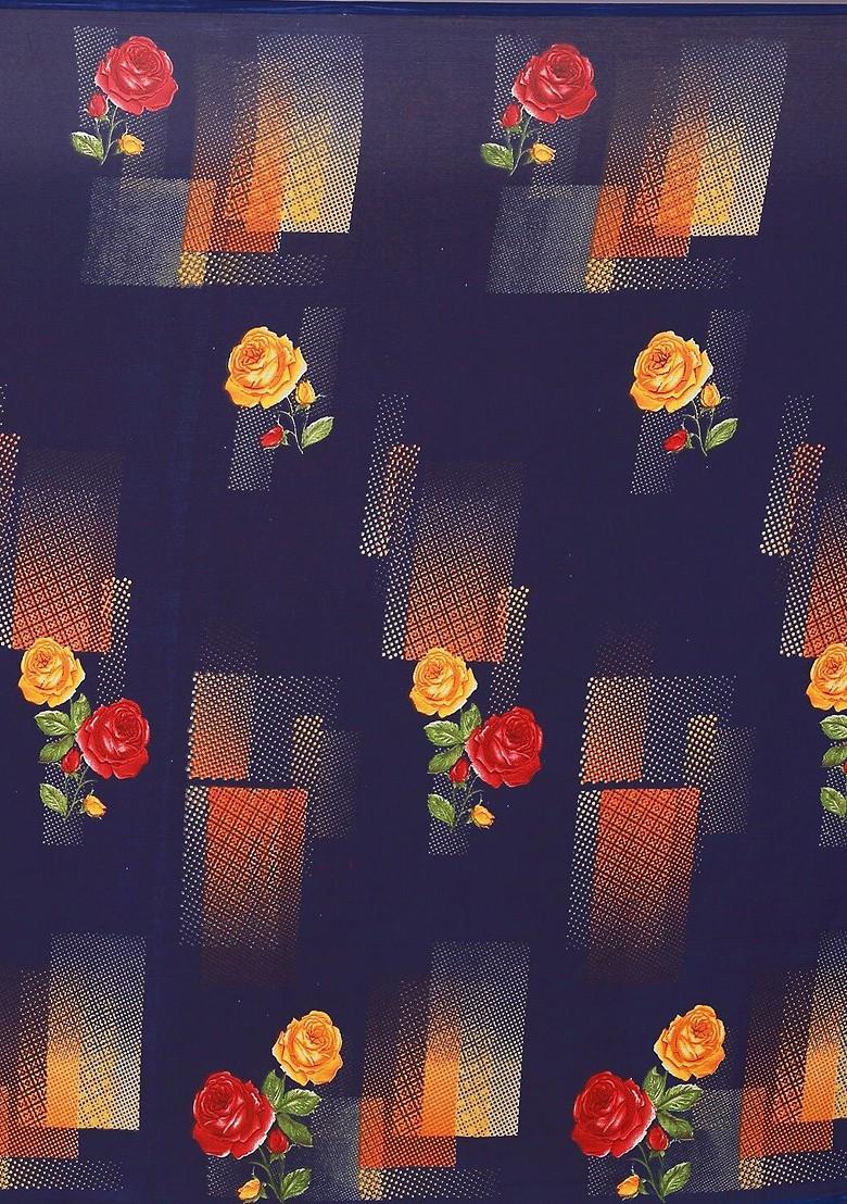 Navy Blue Printed Georgette Saree Set (Set Of 2)