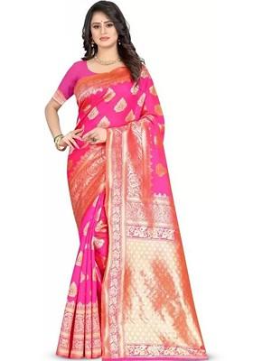 Pink woven Kanjeevaram Saree Set