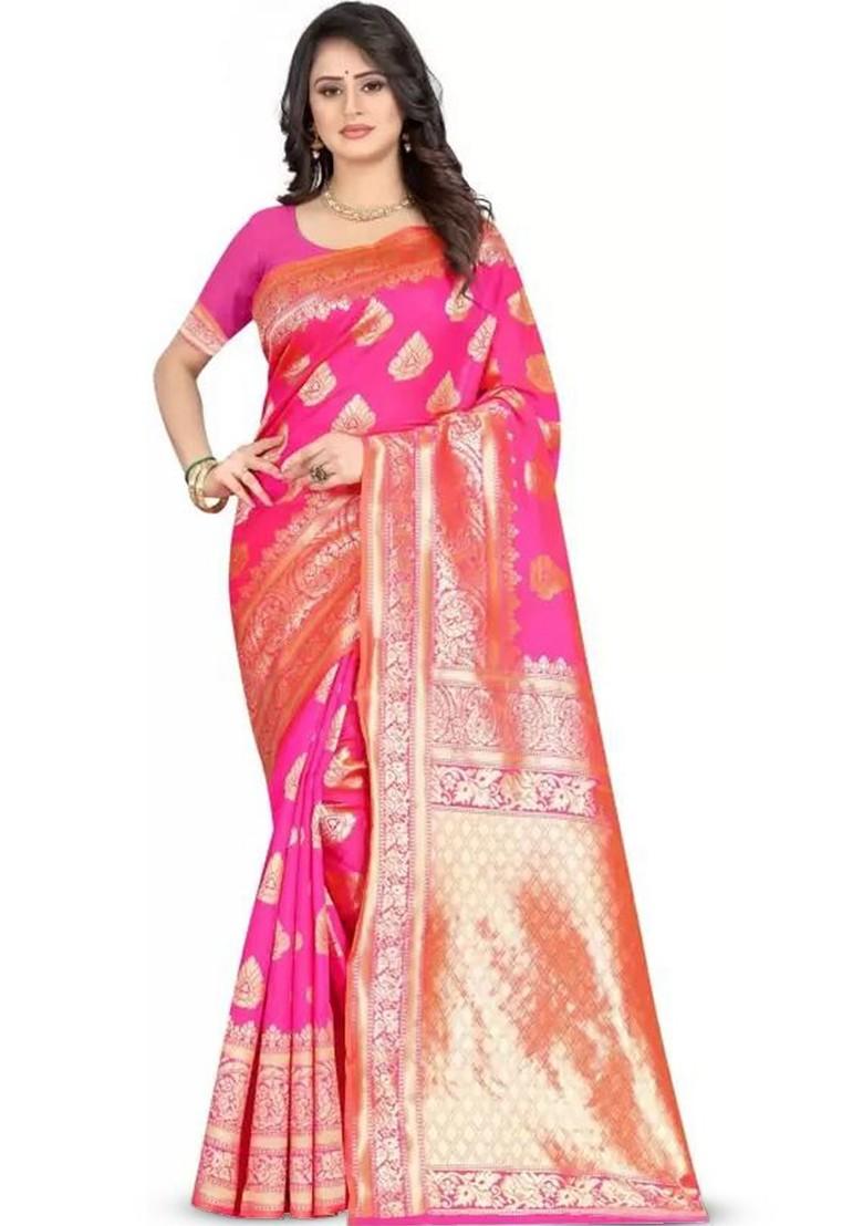 Pink woven Kanjeevaram Saree Set