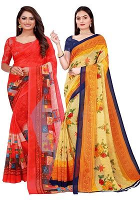 Mustard Yellow Printed Georgette Saree Set (Set Of 2)