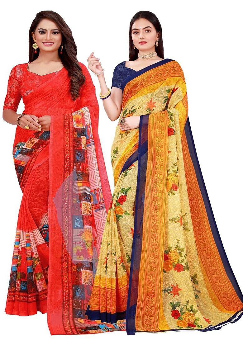 Mustard Yellow Printed Georgette Saree Set (Set Of 2)
