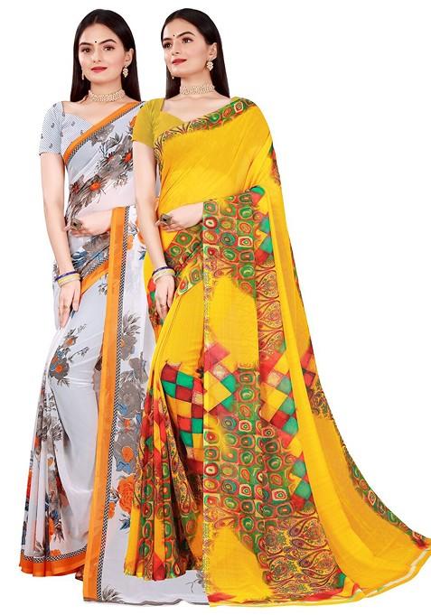 Yellow Embroidered Georgette Saree Set