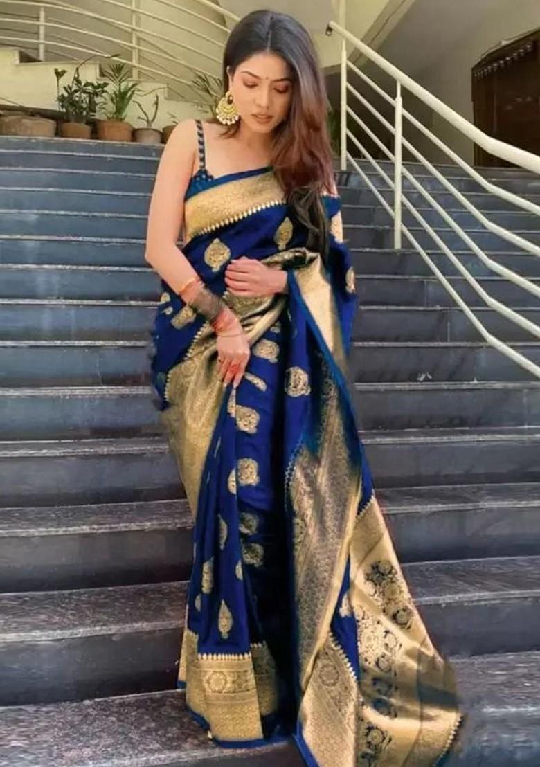 Blue woven Kanjeevaram Saree Set