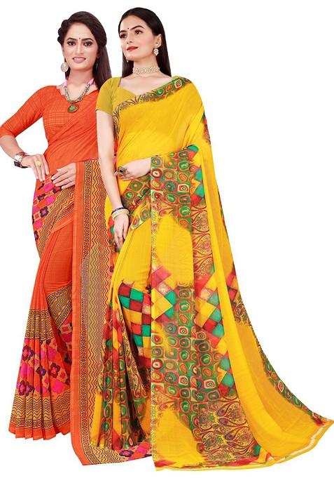 Yellow Embroidered Georgette Saree Set