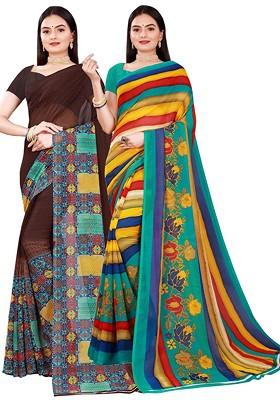 Brown Printed Georgette Saree Set (Set Of 2)