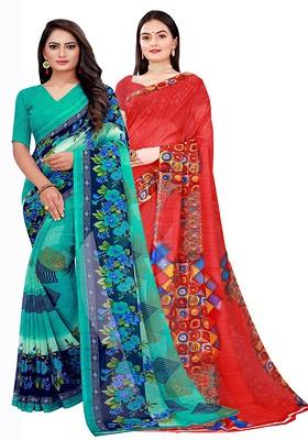 Sea Green Printed Georgette Saree Set (Set Of 2)