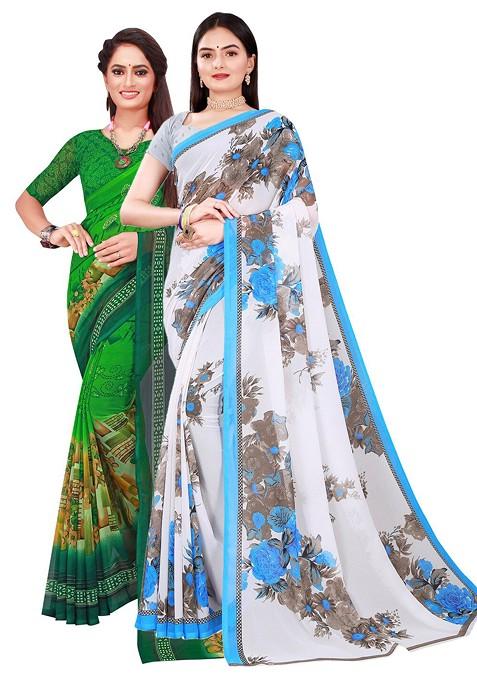 White Floral Georgette Saree Set
