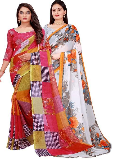 White Floral Georgette Saree Set