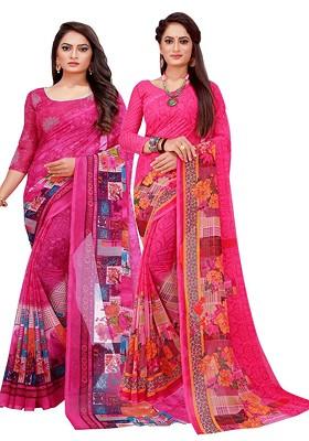 Pink Embroidered Georgette Saree Set (Set Of 2)